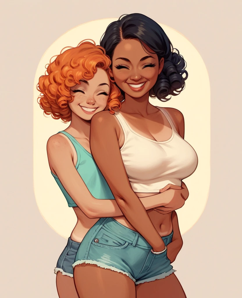 1girl, girl( flat chest tall tanned wearing a crop top and shorts with elbow length curly Orange hair hugging a woman, young face), 1girl, woman(mature woman with casual clothes curvy with Big breasts, smiling,black hair,glases,pale skin)