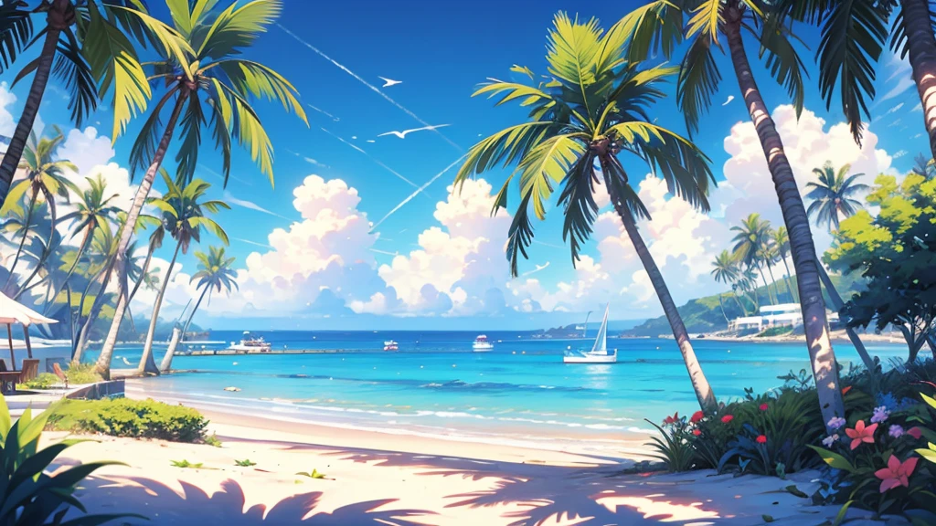 tropical house on the beach with palm trees and blue water, island background, anime background art, amazing wallpaper, background art, hd wallpaper, relaxing concept art, beautiful wallpaper, high quality desktop wallpaper, background artwork, pc wallpaper, anime background, tropical beach paradise, wallpaper hd, 8K image quality, Masterpiece