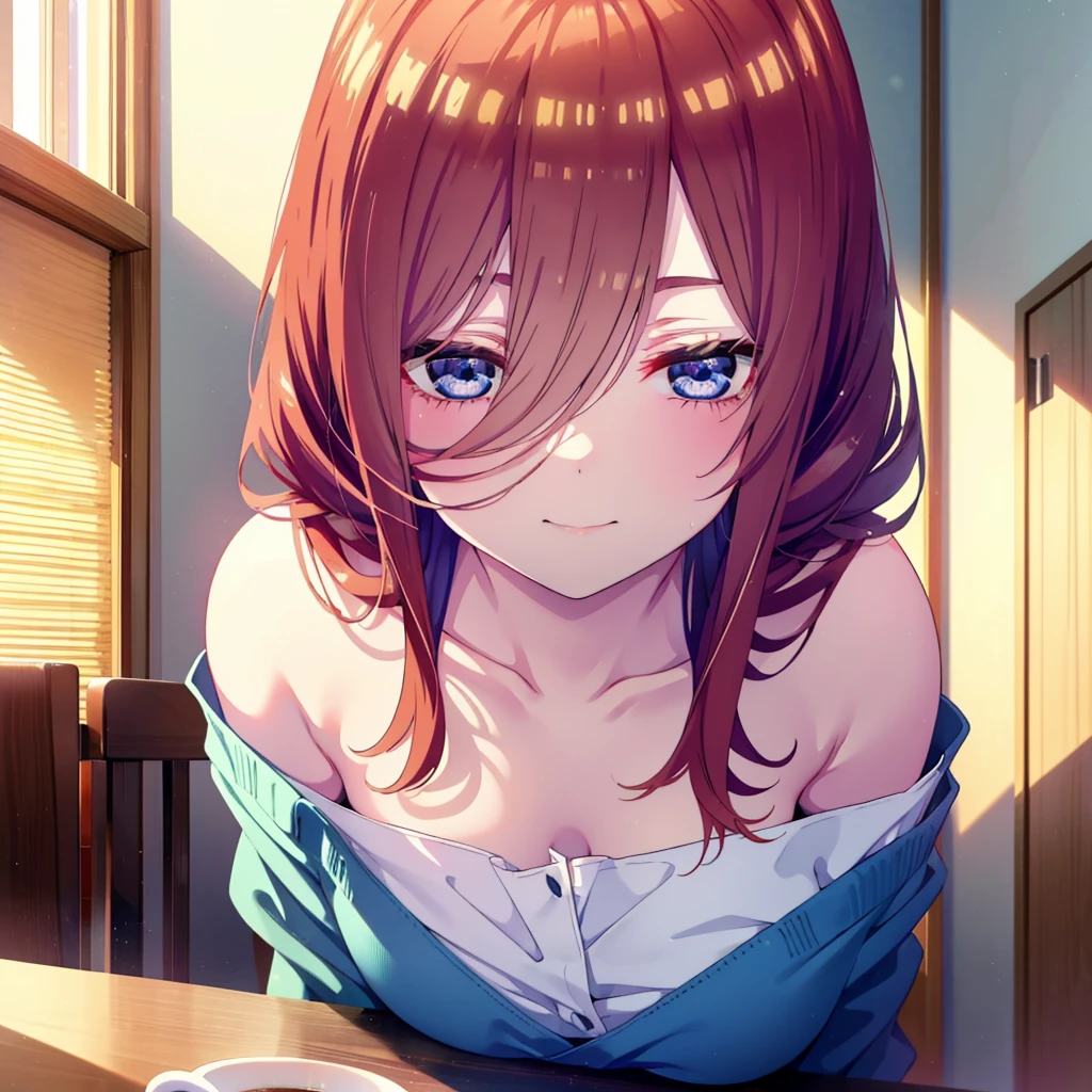 Mikunakano, miku nakano, Long Hair, bangs, blue eyes, Brown Hair, shirt, Hair between the eyes,smile,Open your mouth, Messy Hair,オーバサイズtshirt,One Shoulder,Black string underwear,barefoot,Sitting on the sofa,There is a coffee mug on the table,whole bodyがイラスト入るように,
break indoors, Bedroom,Building district,
break looking at viewer, whole body,
break (masterpiece:1.2), Highest quality, High resolution, unity 8k wallpaper, (figure:0.8), (Beautiful attention to detail:1.6), Highly detailed face, Perfect lighting, Highly detailed CG, (Perfect hands, Perfect Anatomy),