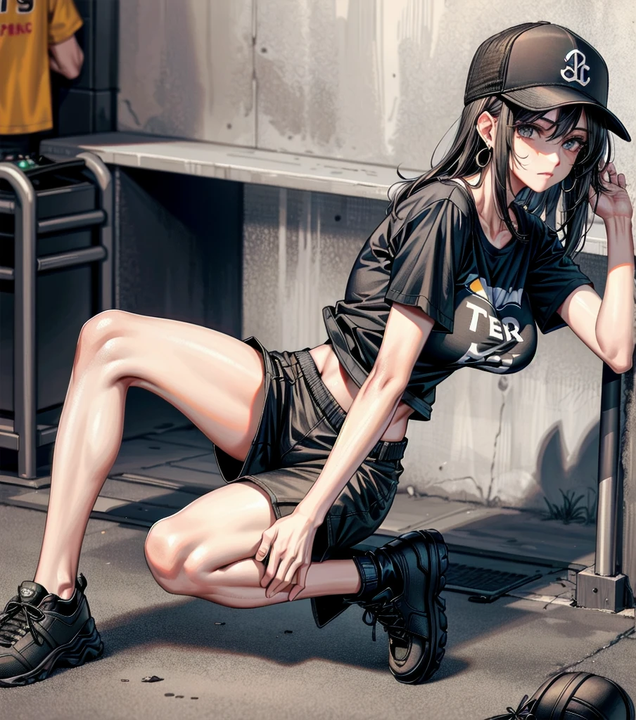 whole body, beautiful girl, big tits, medium hair, black hair, tearful mole, earring, baseball cap, black T-shirt, cargo shorts,