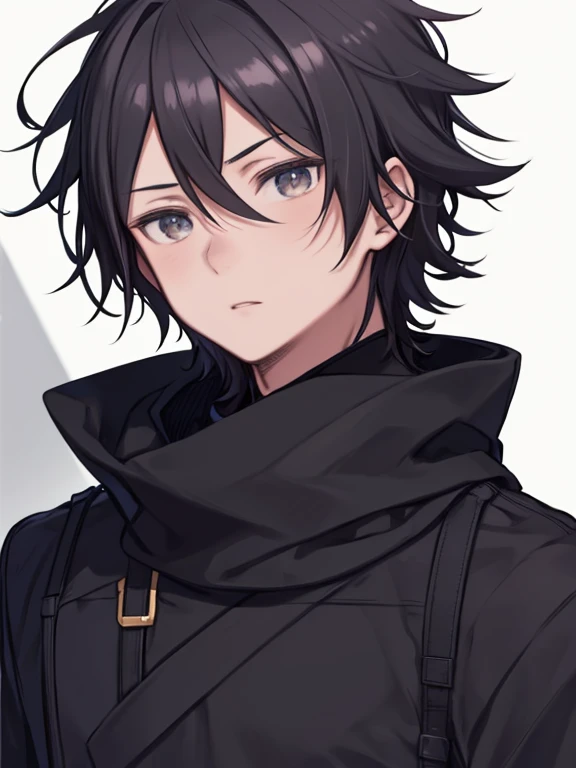 (high quality, Breathtakingly beautiful),(Expressive eyes, Perfect Face) 1male, male , alone, teenager, 16 years old, Young Face, Short hair length, Wavy Hair, Messy Hair, Black hair color, Red eye color, slightly narrowed eyes, male性的な顔, Fine grain, Red and black shirt, Gold border, Black scarf, Spiky Hair, Black background