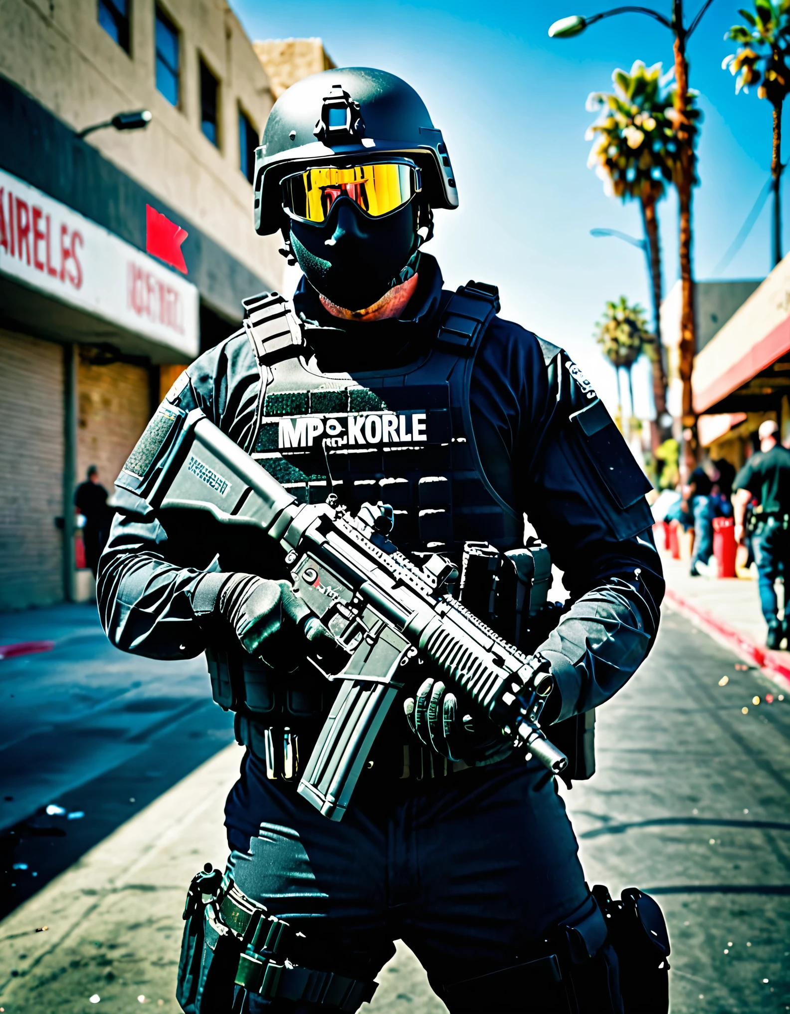 masterpiece, high quality, hires, 1man, solo, swat officer, holding weapon, Heckler & Koch MP5, standing, on patrol, los angeles market backdrop, looking away