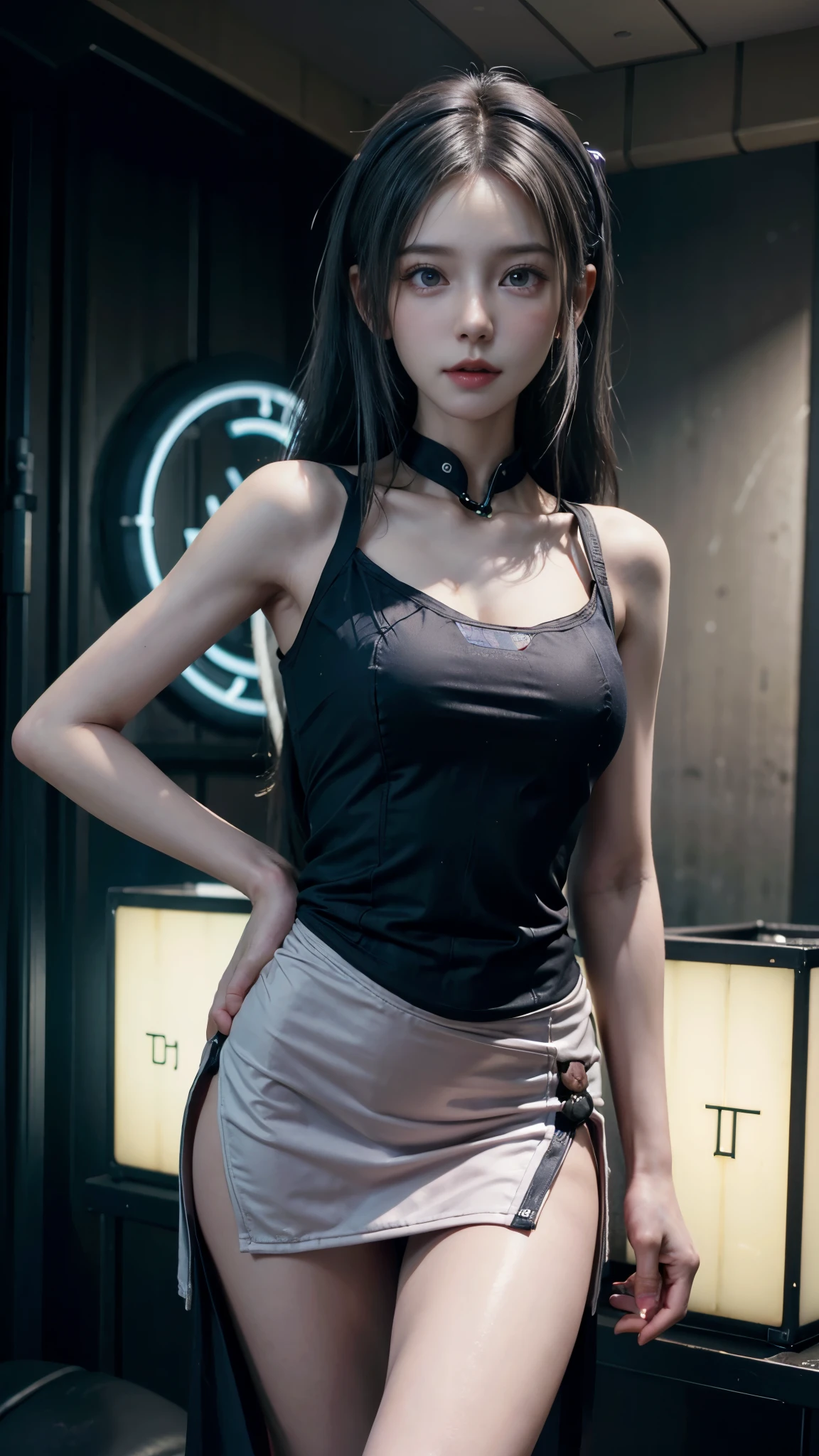 ((Transcendent Cute Beautiful Girl)), (Beautiful breasts, Cleavage), (Small beautiful butt), Thin thighs, (Tight waist), (Baby Face:1.5), (Small and slender figure), (Slender body line), (Perfect Anatomy:1.2), ((Cyberpunk Room:1.2)), (((Sexy Chinese Dress))), (Highest quality, 8K, masterpiece:1.2), (Sexy expression:1.3, blush:1.2), Smooth body, Ultra-detailed, Beautiful details, (Short pigtails), (Detailed eyes and face:1.2), (Detailed hands)
