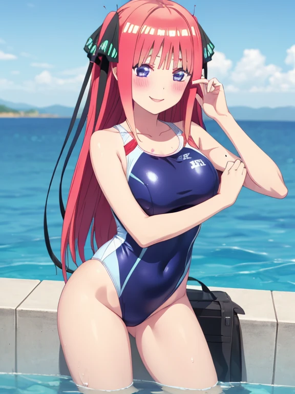 nino nakano, smile, blush, large brests, high-cut swimwea, one-piece swimsuit