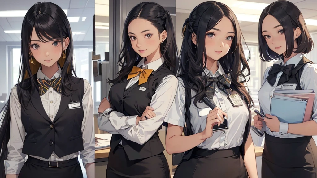 1 girl, Solo, 25 years old, Best Quality, Ultra-detailed, 8K, High resolution, Detailed face, from below, black hair, (((half up))), light smile, happy, (((office leady, office uniform, vest, bowtie, pencil skirt, ID card))), in the office, holding a bundle of papers,