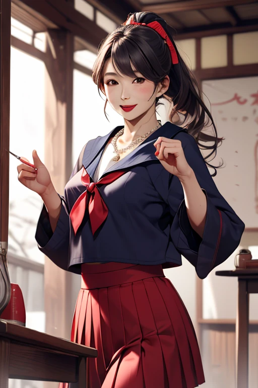 8k, 55 year old mature Japanese woman, Beautiful mature woman, Long eyelashes, Low Ponytail, Red lipstick, Japanese school girl uniform、Sailor suit、Pleated skirt、Long skirt, Pearl Necklace, Red lipstick, sexy, 