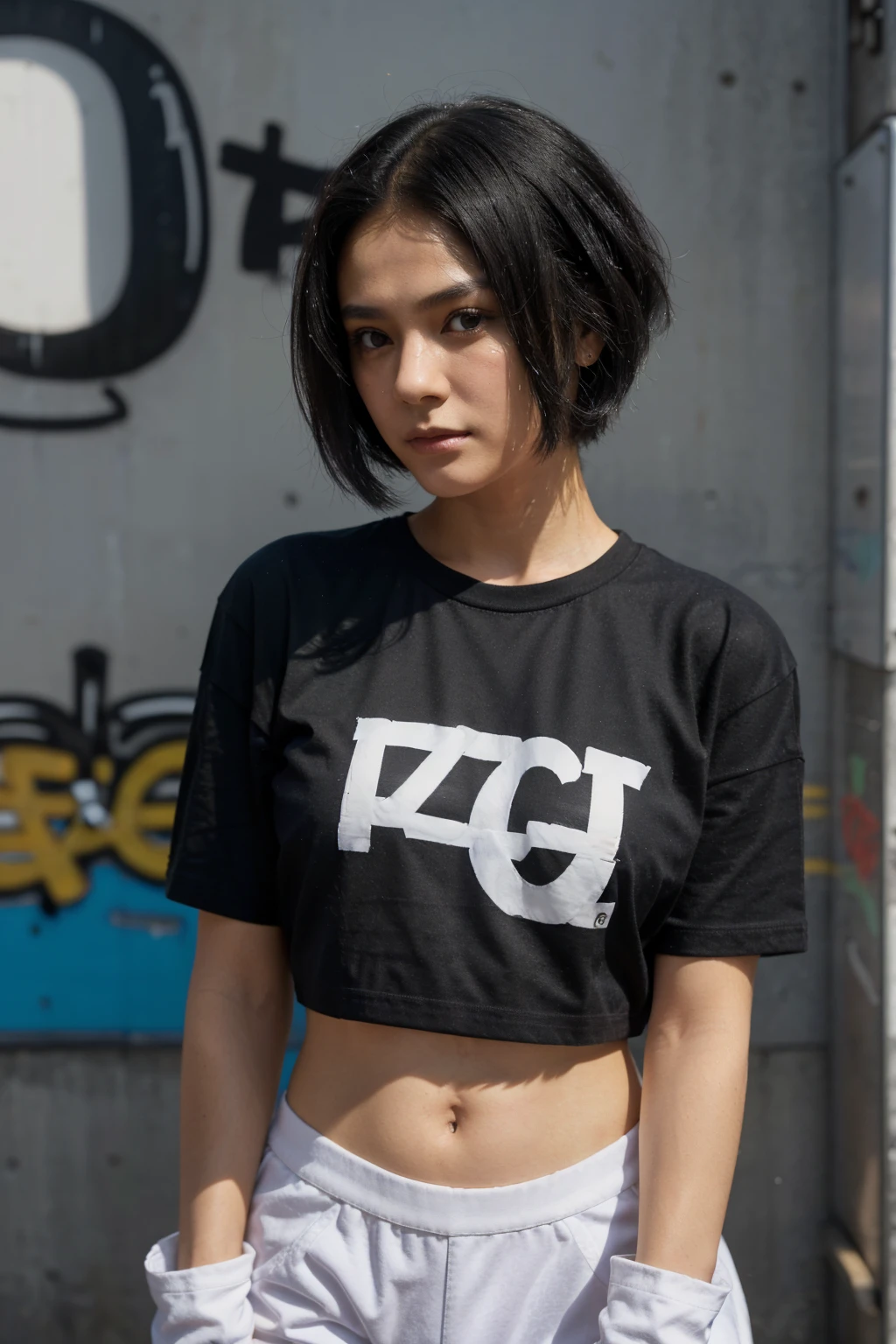 A girl is standing and holding a letter with the text "TENSOR_ART" facing the viewer. She is looking directly at the viewer with a confident expression. She has short black hair and is wearing gloves. Her outfit includes a t-shirt with graffiti-style text "TENSOR_ART" emblazoned across it.