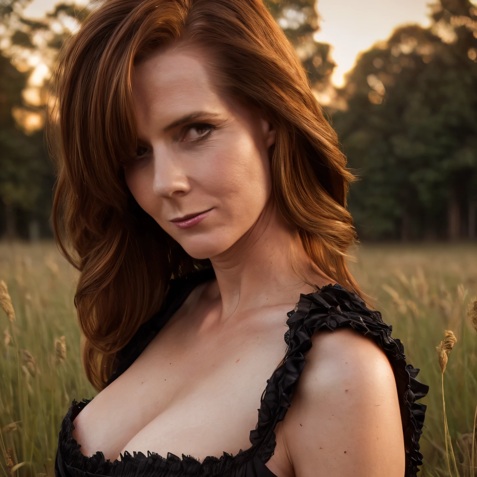 high quality photograph mid-aged redhead woman LaGermania , detailed face, lustful physique, shiny and pale skin, extremely long messy hair, mature woman, wearing black dress Victorian era apparel, slim body, 27 year old woman, detailed clothing, cleavage, round breasts, natural breasts, (round and fleshy), night time at full moon night, in the middle of a field of grass, creepy old wooden cabin in the background. detailed surroundings. seductive figure that captures attention, [depth of field] ((intricate detail, Detailed textures)), bright lighting, cinematic lighting, Global illumination, clear facial features, clear body features, create ultra-detailed image textures, capturing every detail with precision