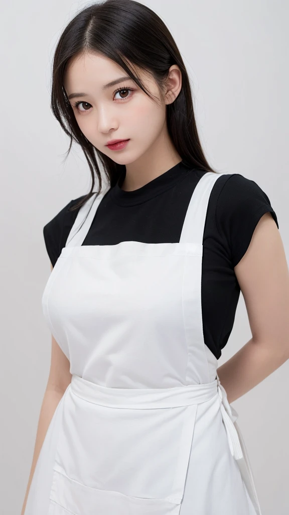 (((forehead、Northern Europe、White people、beautiful girl、Black Hair、White background、apron)))、table top, highest quality, figure, super detailed, finely, High resolution, 8k wallpaper, Perfect dynamic composition, detailed and beautiful eyes, Deco out,blonde, medium hair, super big breasts, natural color lip,white background, random cute poses,frill dress