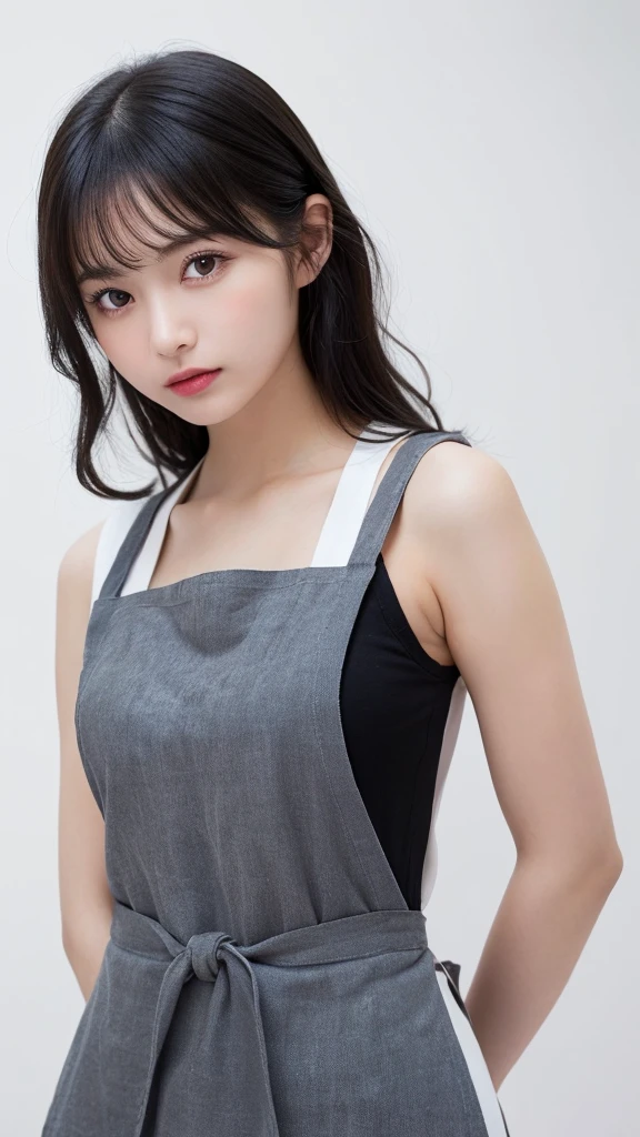 (((forehead、Northern Europe、White people、beautiful girl、Black Hair、White background、apron)))、table top, highest quality, figure, super detailed, finely, High resolution, 8k wallpaper, Perfect dynamic composition, detailed and beautiful eyes, Deco out,blonde, medium hair, super , natural color lip,white background, random cute poses,frill dress