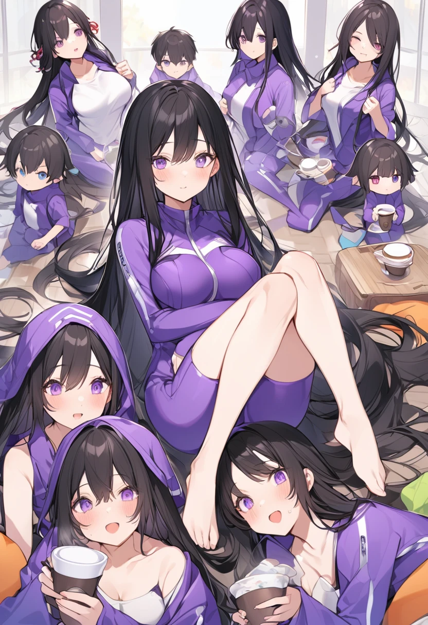 Wearing a purple diving suit、barefoot。hair is black、Purple eyes。Breasts are K cup。The skin is white and、Long hair。Has one brother and one sister。My sister has an E cup。All of them have black hair。6 siblings。It's like diving into the ocean and looking at the coral reefs and fish.。Like we're lined up on the beach with the beach housey brother is wearing a black diving suit.。