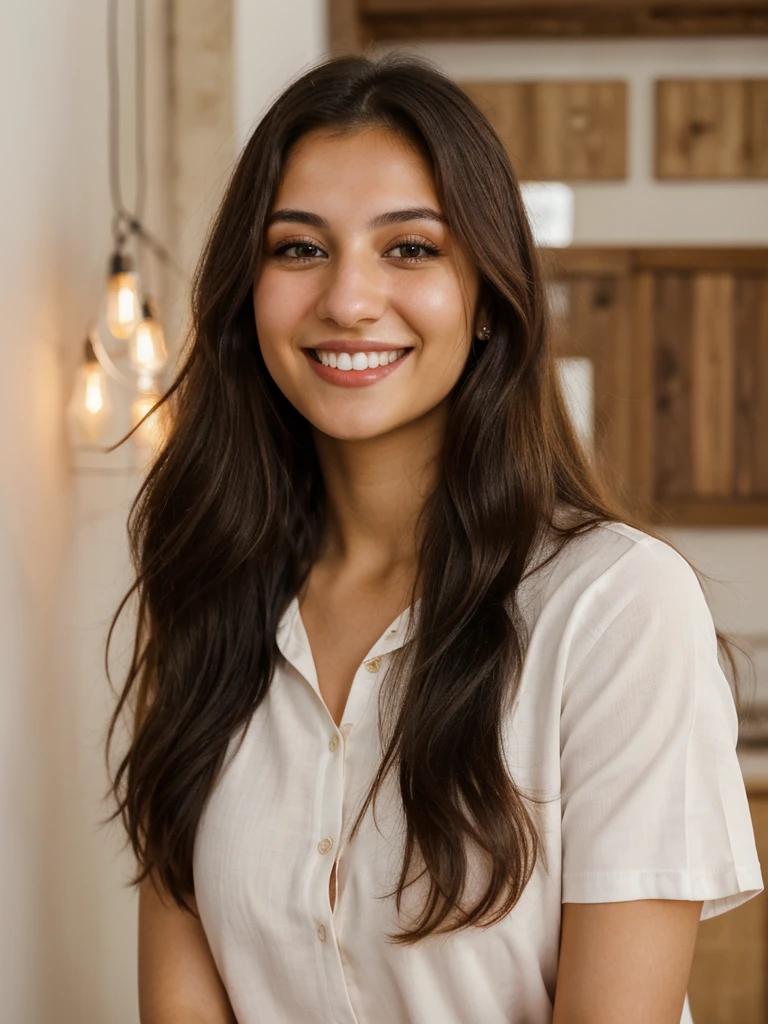 24YO, one half Russian half Jordanian women, cute smile, white teethes, long burnt orange shirt, light brown eyes, small nose, black/brown long hair