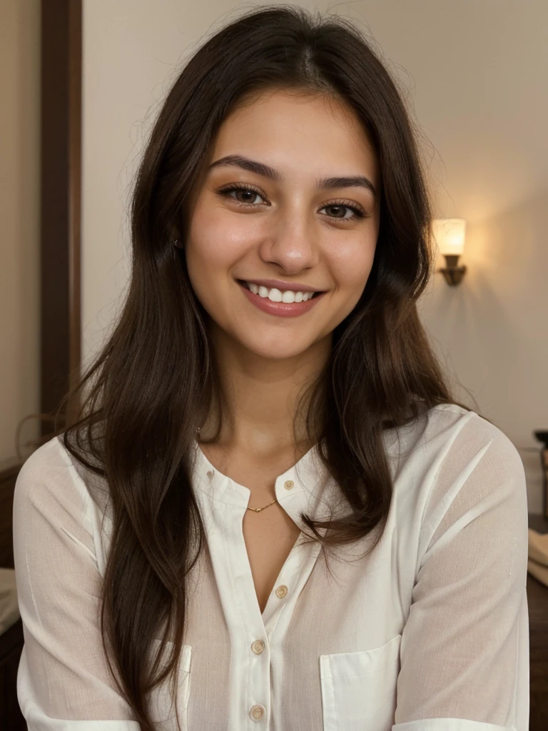 24YO, one half Russian half Jordanian women, cute smile, white teethes, long burnt orange shirt, light brown eyes, small nose, black/brown long hair
