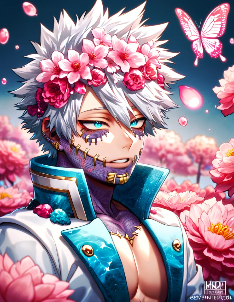 absurdres, highres, ultra detailed, HDR, master piece, best quality, Dabi, white hair spiked around his head, expressive turquoise eyes, boku no hero academia, solo, sexy man, handsome, white clothes with high collar, magical, fantasy, shining, pink flowers, pink blossoms, pink butterflies, pink petals, water
