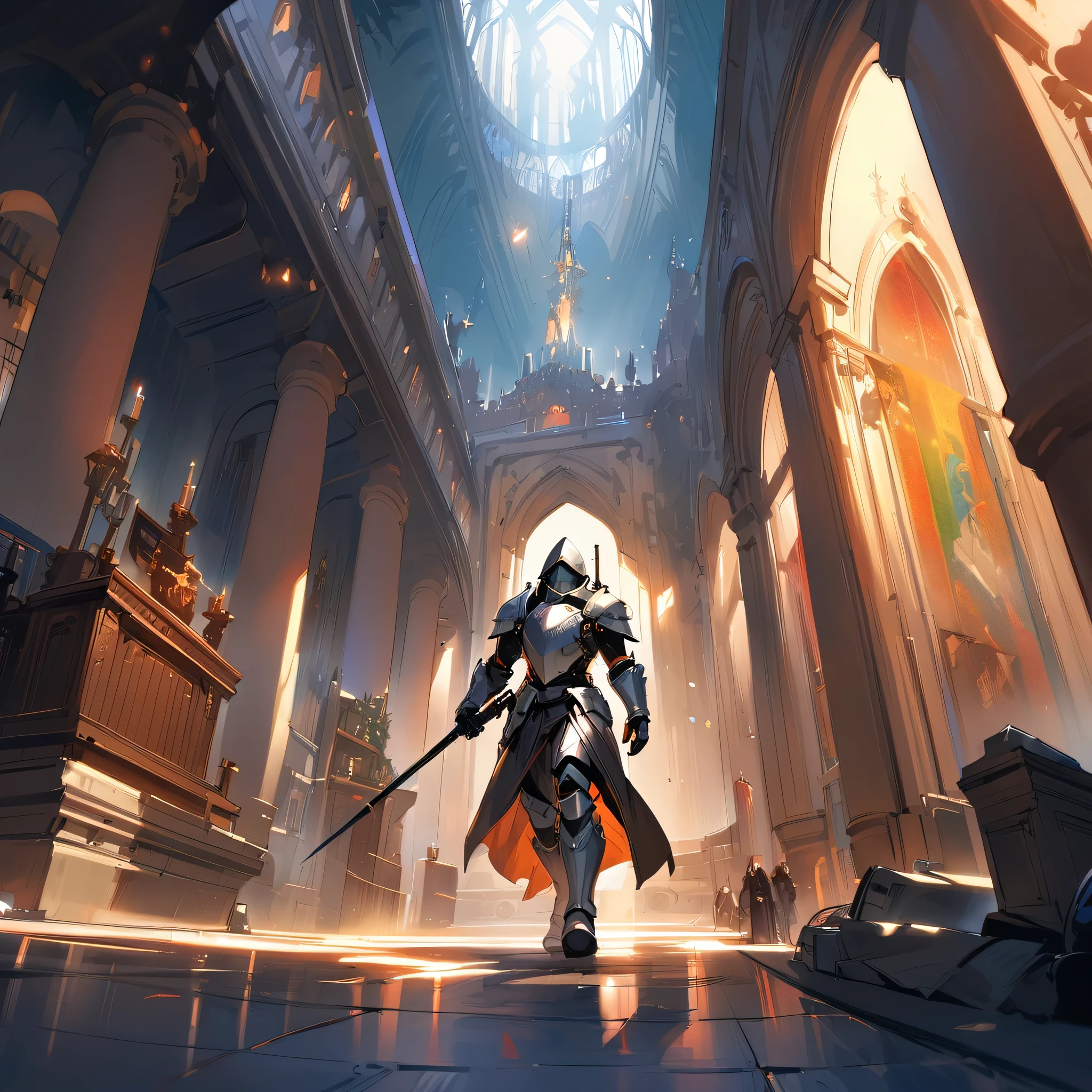 Arknight, Doctor,Knight in detailed silver armor with double-edged sword in right hand, volumetric light, oil painting, 16mm, low angle filmed around a large medieval hall with columns. Arte de Yoji Shinkawa, symmetrical Qireatár iris, approaching perfection, forma pura, minimalista, isometric, arte conceitual de Brian Froud, de Carne Griffiths, de Wadim Kashin, de John William Waterhouse, detalhes intrincados, 8k post production, high resolution, TanvirTamim, hiperdetalhado, trends in artstation, sharp focus, studio photo, detalhes intrincados, altamente detalhado, por greg rutkowski