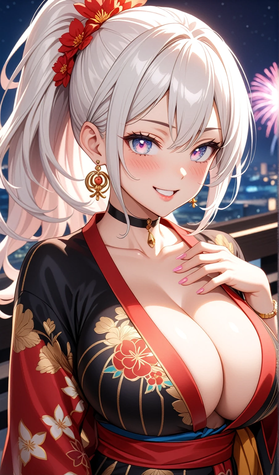 ((One personの女性)), Beautiful Face,Laughing embarrassedly,((Wink:2.0)),Laugh with your mouth wide open,((Bright red cheeks:1.4)),Glossy pink lips,night,rooftop,Festive decorations,You can see the ocean, firework,Glossy pink lips,Lighting on the face,((Anime style background)),masterpiece, Highest quality, so beautiful,Latest, Complex details, (Pink long nails),(ring),(bracelet),(choker),AI-generated, Complex,High resolution, Highest quality, super high quality,3D Images、View your viewers、3D Images,One person,Long white hair,High Ponytail,(blue eyes),Anime woman posing for a photo, ((Fine grain、Silvery white colorful eyes、Shining Eyes:1.4)),(Squint your eyes:1.1),a hyperRealistic , hyperRealistic , Realistic,Anime woman with long and white hair, Smooth anime CG art, A woman in a colorful kimono with gold embroidery, (Black long sleeve kimono),Red floral pattern,Long flower hair ornament,Big earrings,Mature Body,(Big Breasts:1.1),Tall,Abdominal muscles,Narrow waist,(Zoom in on face:1.5),Shooting from an angle