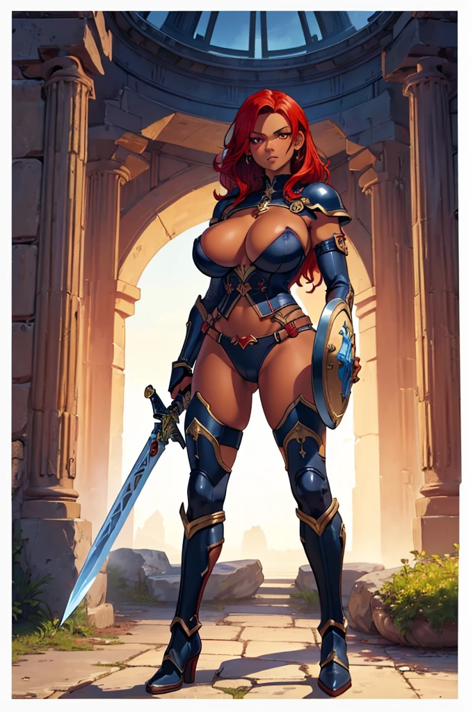 (masterpiece, best quality, high resolution, ((standing full body)), ((huge breasts)) 1 beautiful woman, athletic body, very short and tousled red hair, ((dark skin)) red eyes, full body fantasy Greek armor, steel gauntlets and boots, serious look, right hand fantasy Greek sword and shield