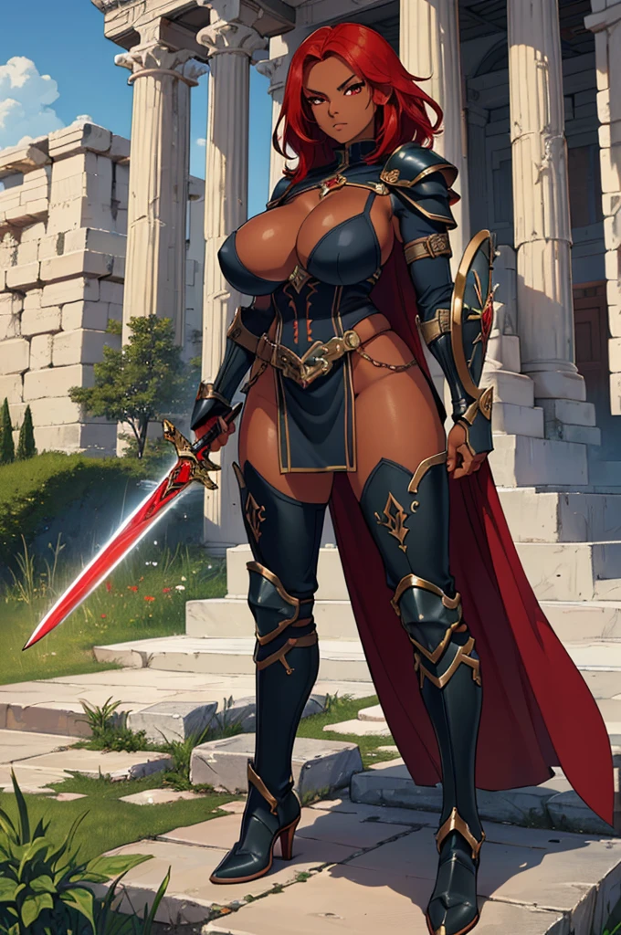 (masterpiece, best quality, high resolution, ((standing full body)), ((huge breasts)) 1 beautiful woman, athletic body, very short and tousled red hair, ((dark skin)) red eyes, full body fantasy Greek armor, steel gauntlets and boots, serious look, right hand fantasy Greek sword and shield
