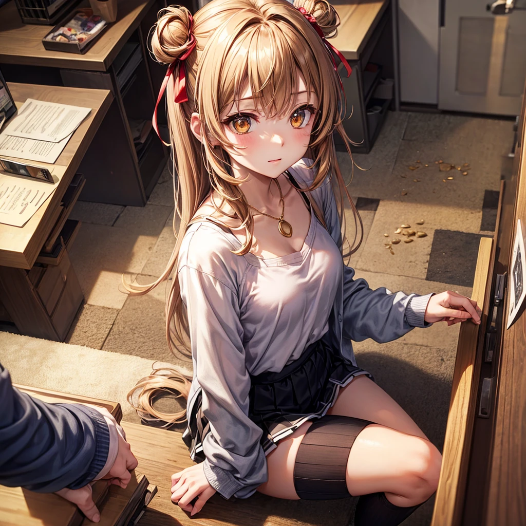Red, brown, gold, gold hair、Golden Eyes、Hair tied up、One good looking girl、solo、anime、Checkered mini skirt、Ruffles on the skirt、camisole、camisole、Lightweight cardigan、Black knee-high socks、Wearing a baseball cap、Wearing a ribbon、Ribbon on waist、Teeth are visible、Sunset sky、Cumulonimbus、Silver coin necklace、shine、From above、Sparks are flying、tunnel、Cobblestones、Sitting in a chair