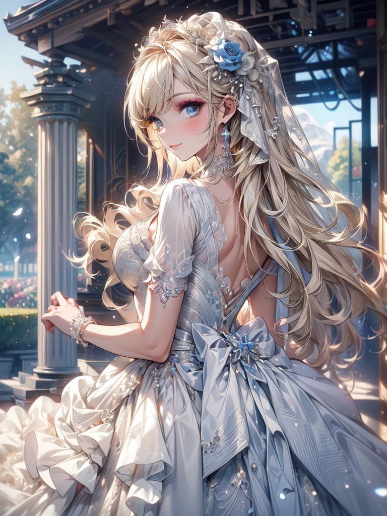 (masterpiece, best quality, beautiful and aesthetic:1.3), look back, looking at viewer, 1girl, solo, light smile, (makeup, long hair, light beige hair, blue eyes:1.2), Octane Render, bridal veil, lace-trimmed dress, see-through, wedding dress, outdoors, white roses, garden, morning, standing, extreme detailed, vivid color,