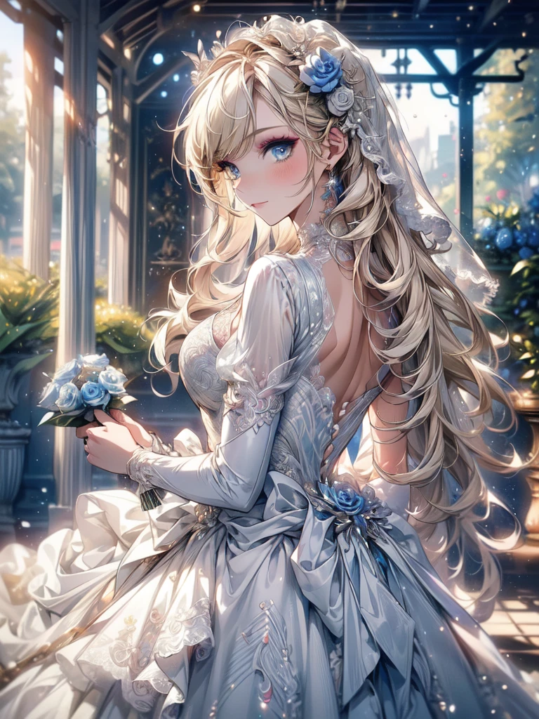 (masterpiece, best quality, beautiful and aesthetic:1.3), look back, looking at viewer, 1girl, solo, light smile, (makeup, long hair, light beige hair, blue eyes:1.2), Octane Render, bridal veil, lace-trimmed dress, see-through, wedding dress, outdoors, white roses, garden, morning, standing, extreme detailed, vivid color,