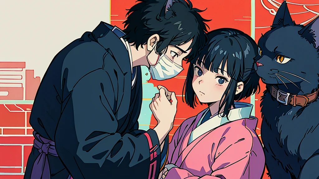 Hide your face with a cat mask　Black Hair　male　Anime Style　Highest quality　Japanese　Delicate quality　Beautiful illustrations　High quality down to the last detail