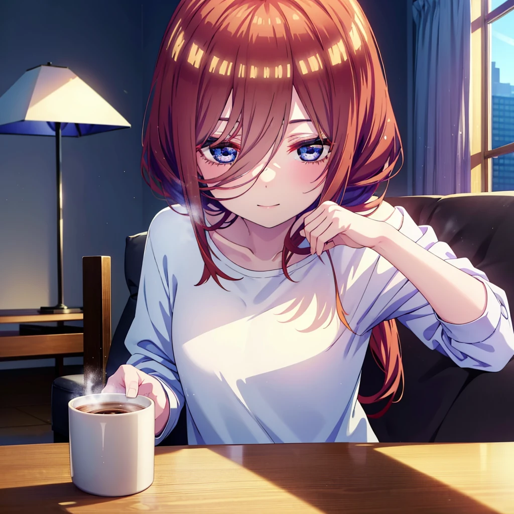 Mikunakano, miku nakano, Long Hair, bangs, blue eyes, Brown Hair, shirt, Hair between the eyes,smile,Open your mouth, Messy Hair,オーバサイズtshirt,One Shoulder,Black string underwear,barefoot,Sitting on the sofa,There is a coffee mug on the table,whole bodyがイラスト入るように,
break indoors, Bedroom,Building district,
break looking at viewer, whole body,
break (masterpiece:1.2), Highest quality, High resolution, unity 8k wallpaper, (figure:0.8), (Beautiful attention to detail:1.6), Highly detailed face, Perfect lighting, Highly detailed CG, (Perfect hands, Perfect Anatomy),