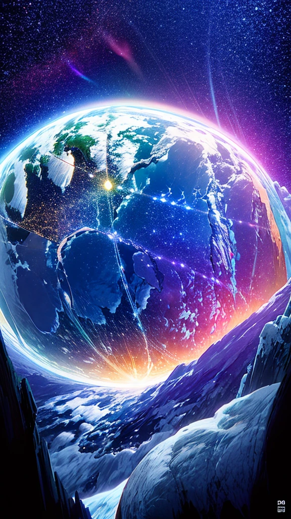 masterpiece、background（（Amazing starry sky、Cosmoeteors、Black Hole、Iridescent colors））depth（（planet））、View from below