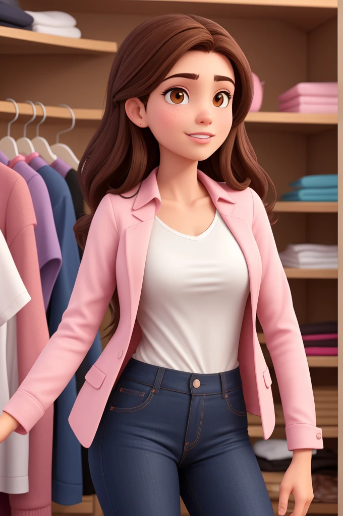 A woman working in the women's closet The woman with dark brown hair Wearing a blazer Pink jeans and white t-shirt