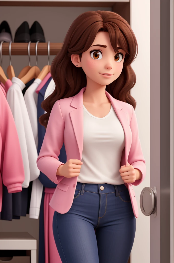 A woman working in the women's closet The woman with dark brown hair Wearing a blazer Pink jeans and white t-shirt