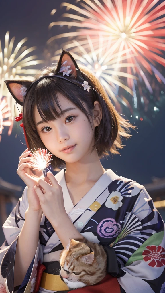 Masterpiece, 4k, Bokeh, beautiful face, (Japanese idle:1.6), 
(wearing detailed yukata:1.5), (posing), (young hands:1.2), 
BREAK,
(Beautiful fireworks in the night sky background:1.3), (Cat ears:1.3), 