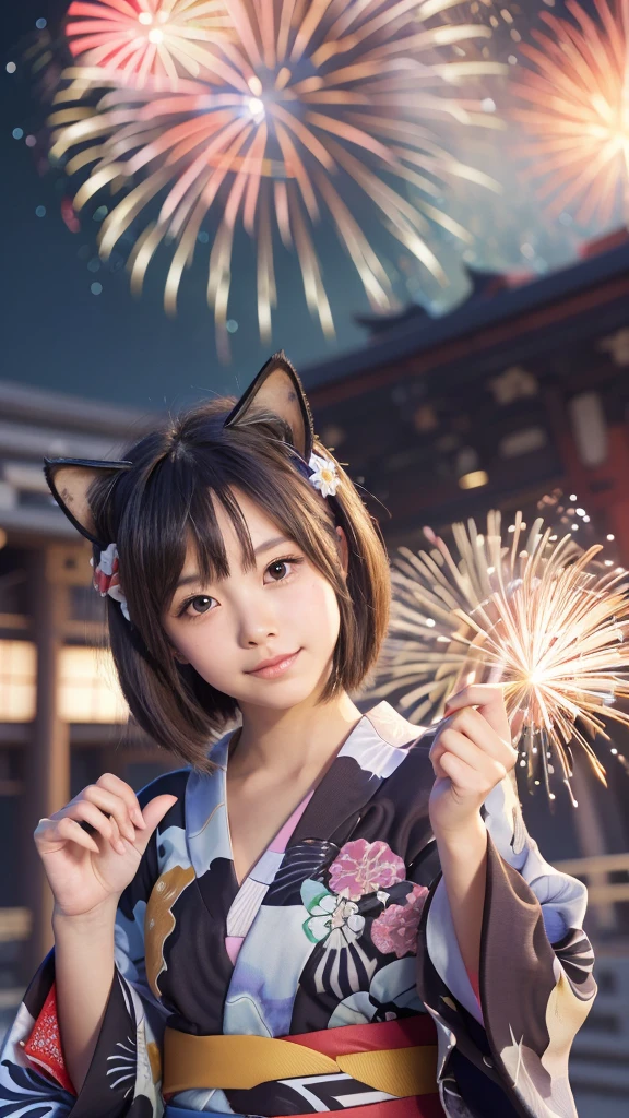 Masterpiece, 4k, Bokeh, beautiful face, (Japanese idle:1.6),
(wearing detailed yukata:1.5), (posing), (young hands:1.2),
BREAK,
(Beautiful fireworks in the night sky background:1.3), (Cat ears:1.3),