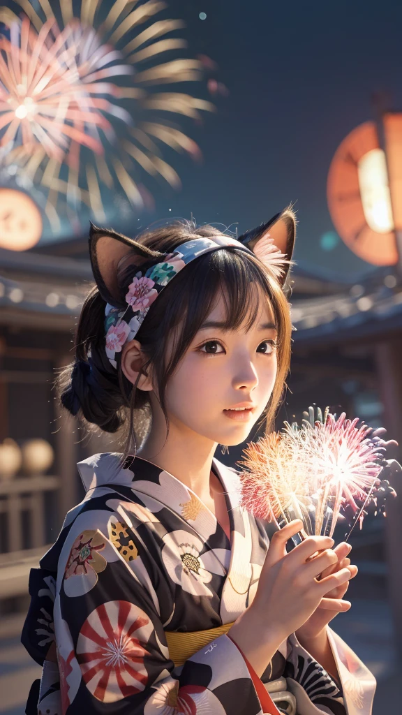 Masterpiece, 4k, Bokeh, beautiful face, (Japanese idle:1.6), 
(wearing detailed yukata:1.5), (posing), (young hands:1.2), 
BREAK,
(Beautiful fireworks in the night sky background:1.3), (Cat ears:1.3), 