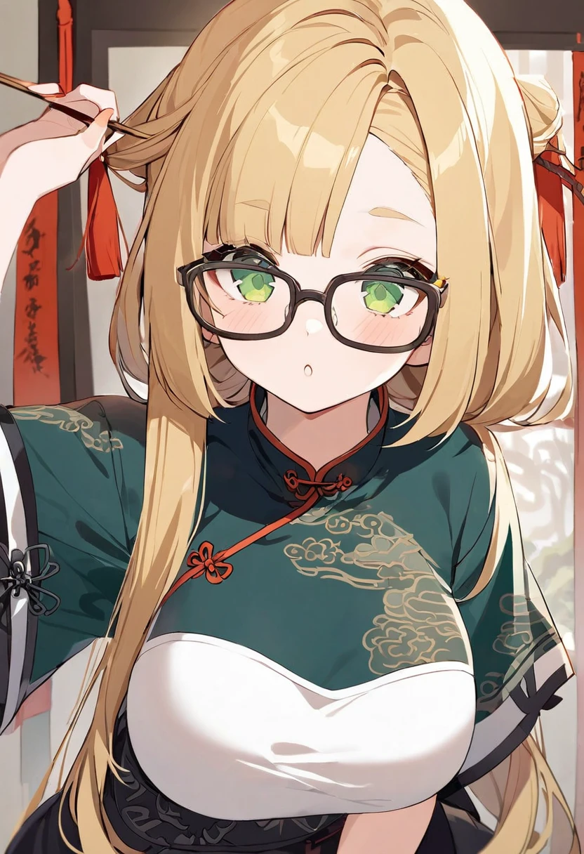 chubby girl, Blonde with green eyes, medium length hair, remove the bangs , black glasses with square frames Chinese clothing style, Ancient China