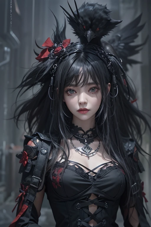 Highest quality、8k、masterpiece：1.3、Gothic Punk、The inner color is red、Gray Black Hair、hair ornaments、beautiful girl、creative、Dark Fantasy Style、Neogoth、Goth Fashion：1.2、High resolution、masterpiece、Highest quality、頭w:1.3、((Hasselblad Photos))、Fine skin、Sharp focus、(Cinema Lighting)、Realistic textured hair, Black crow on the shoulder 