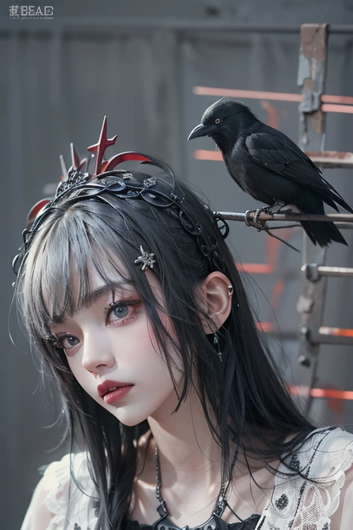 Highest quality、8k、masterpiece:1.3、Gothic Punk、The inner color is red、Gray Black Hair、hair ornaments、beautiful girl、creative、Dark Fantasy Style、Neogoth、Goth Fashion:1.2、High resolution、masterpiece、Highest quality、頭w:1.3、((Hasselblad Photos))、Fine skin、Sharp focus、(Cinema Lighting)、Realistic textured hair, Black crow on the shoulder