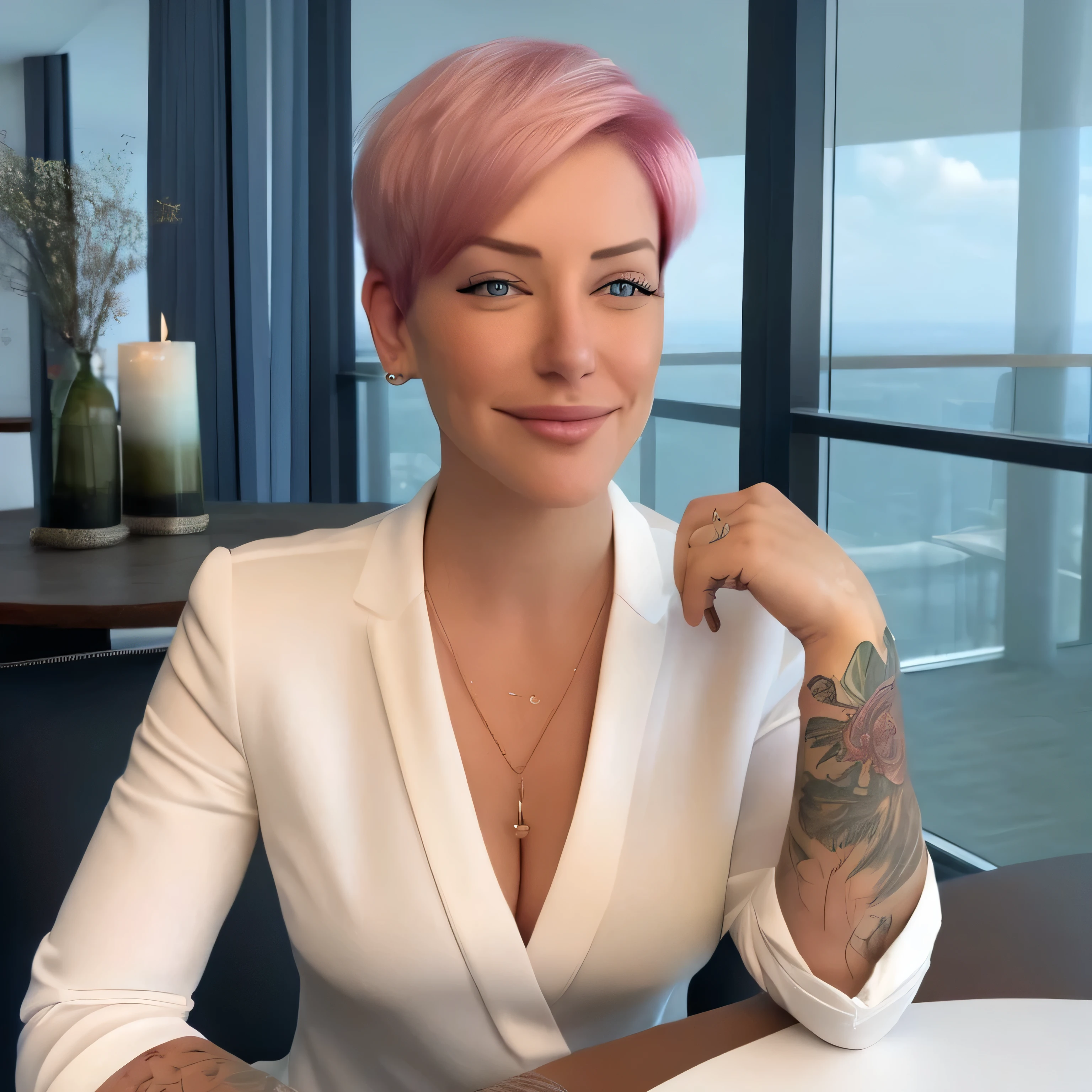 Create a realistic 8K image of Laurence Bedard, the model, with short pink hair, she has blue eyes, dressed in formal attire. She is seated at a dining table indoors, illuminated by subtle indoor lighting. Laurence is depicted with a calm expression, smiling gently and looking away from the viewer, evoking a serene and relaxed atmosphere.