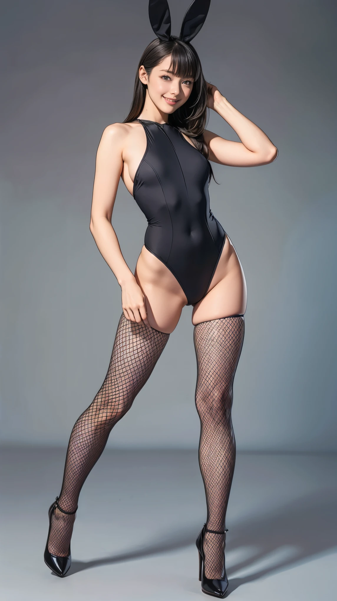 Bunny girl:1.5,wearing black fishnet tights:1.5,The best smile:1.5,Full Body Shot:1.5,Gray background:1.5,Wearing black high heels:1.5,Wearing a black high-cut swimsuit:1.5,