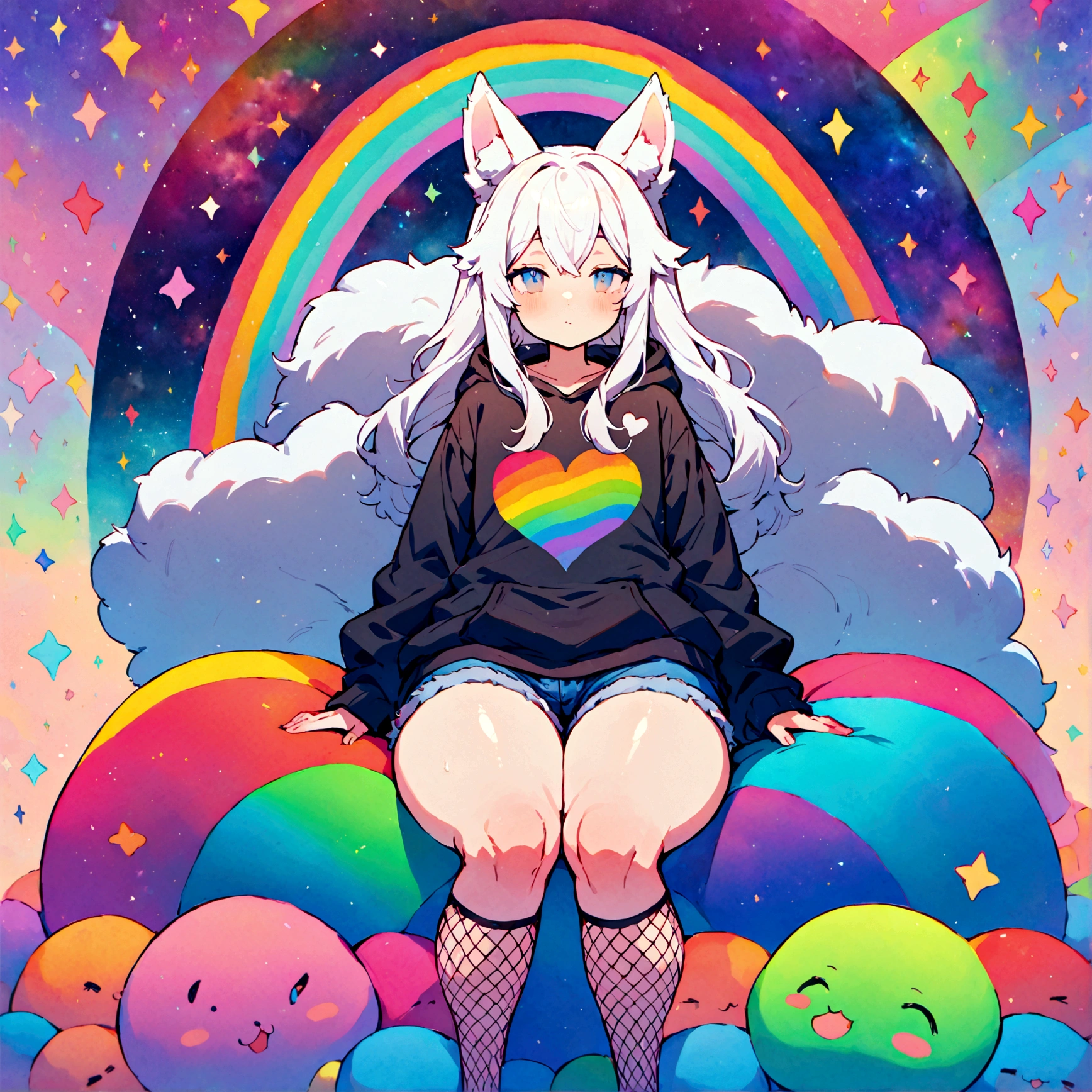 a cute adult male with wolf ears, long white hair, long locks, has a wolf tail, wearing a loose cropped oversized black hoodie, wearing a pair of denim short shorts and fishnet stockings, thick thighs, wide hips, relaxing on mound of fluffy multi colored kawaii plushies, short, very slim, showing slender tummy, heart on hoodie, squishy thighs, has glowing blue eyes. alone, solo (ALONE)(SOLO), surrounded by rainbows, colorful galaxy backround
