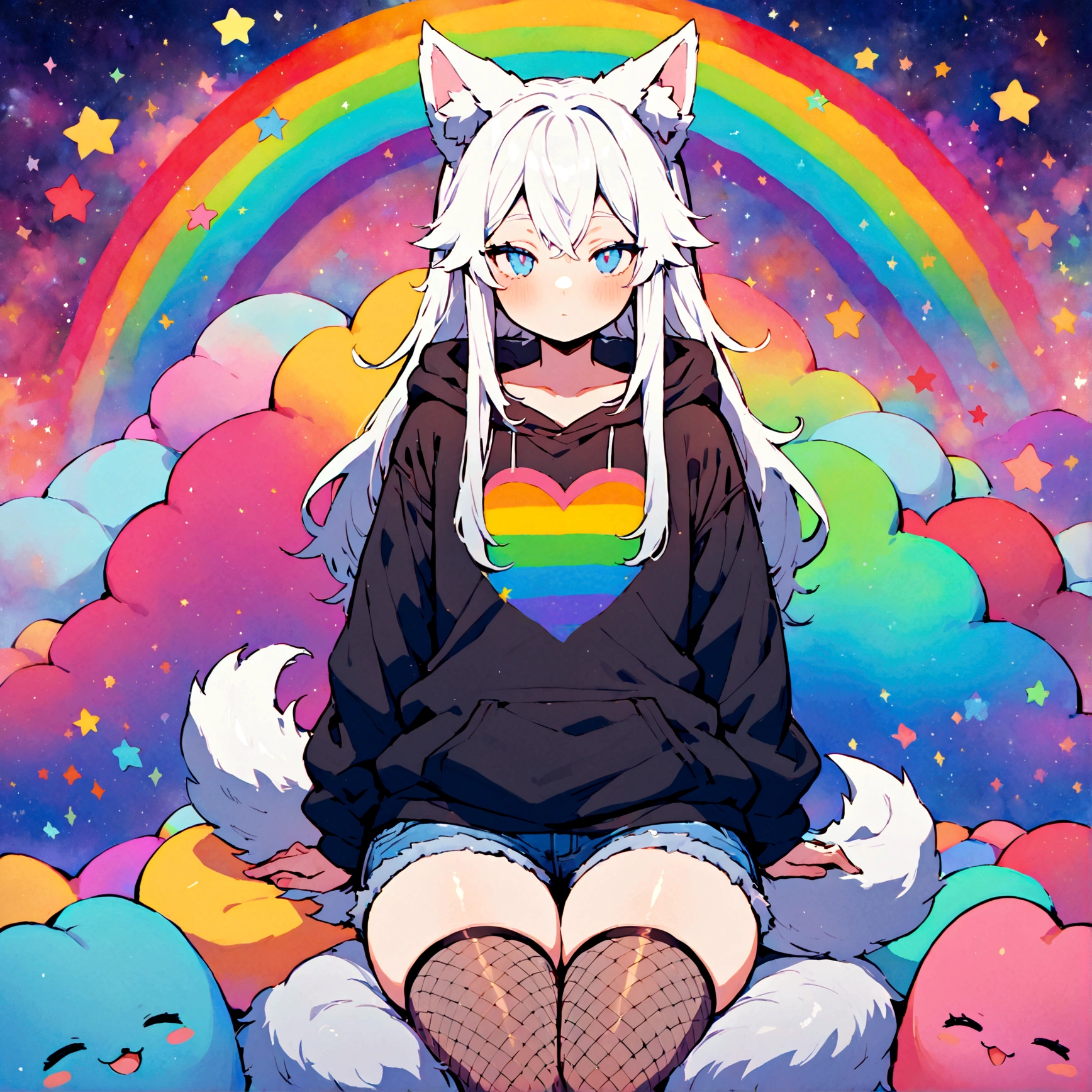 a cute adult male with wolf ears, long white hair, long locks, has a wolf tail, wearing a loose cropped oversized black hoodie, wearing a pair of denim short shorts and fishnet stockings, thick thighs, wide hips, relaxing on mound of fluffy multi colored kawaii plushies, short, very slim, showing slender tummy, heart on hoodie, squishy thighs, has glowing blue eyes. alone, solo (ALONE)(SOLO), surrounded by rainbows, colorful galaxy backround
