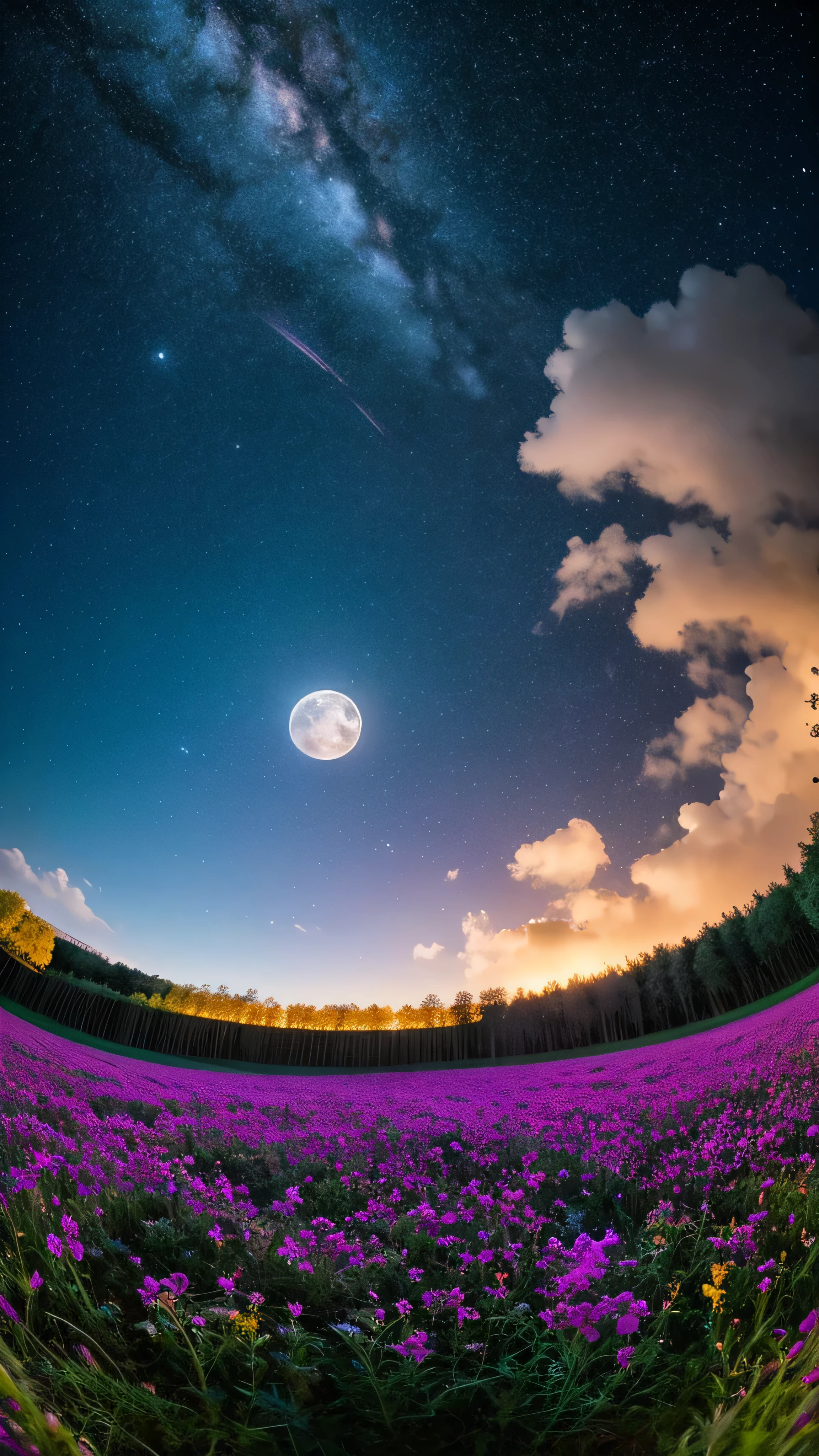 (masterpiece), Highest quality, beautiful flower field at night, nice sky with stars and constelations, Volume Cloud, Beautiful Clouds, (full moon), a Magic atmosphere, Dreamy image, Vast landscape photography, There are many different colored flowers blooming in the fields., Feeling calm and peaceful, Breeze, the scenary has a Magic glow, fire Fly, Beauty in the details, Natural beauty,astronomical photography, Nature Observation, Bright Moon,
break nebula, milk way, Space Sky, Starry Sky, Fisheye Lens, Dynamic Angle, (Dynamic configuration:1.4), Professional image,Production art, complicated, Fascinating, nice,Breathtaking,wonderful, Magic, Volumetric Light,  [purple]
