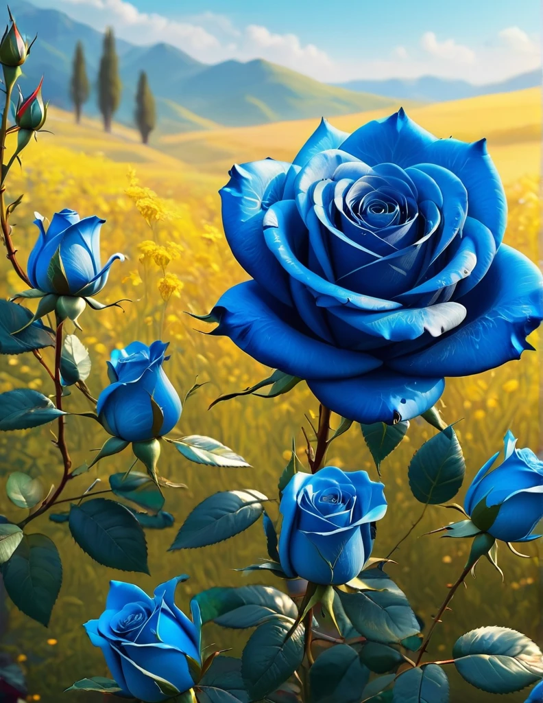 quality(8k wallpaper of extremely detailed CG unit, ​masterpiece, hight resolution, top-quality, top-quality real texture skin,hyper realisitic, digitial painting,increase the resolution,RAW photos，best qualtiy,highly detailed,the wallpaper),BREAK,8K, blue roses, sunny, ancient wooden totem, landscape, 