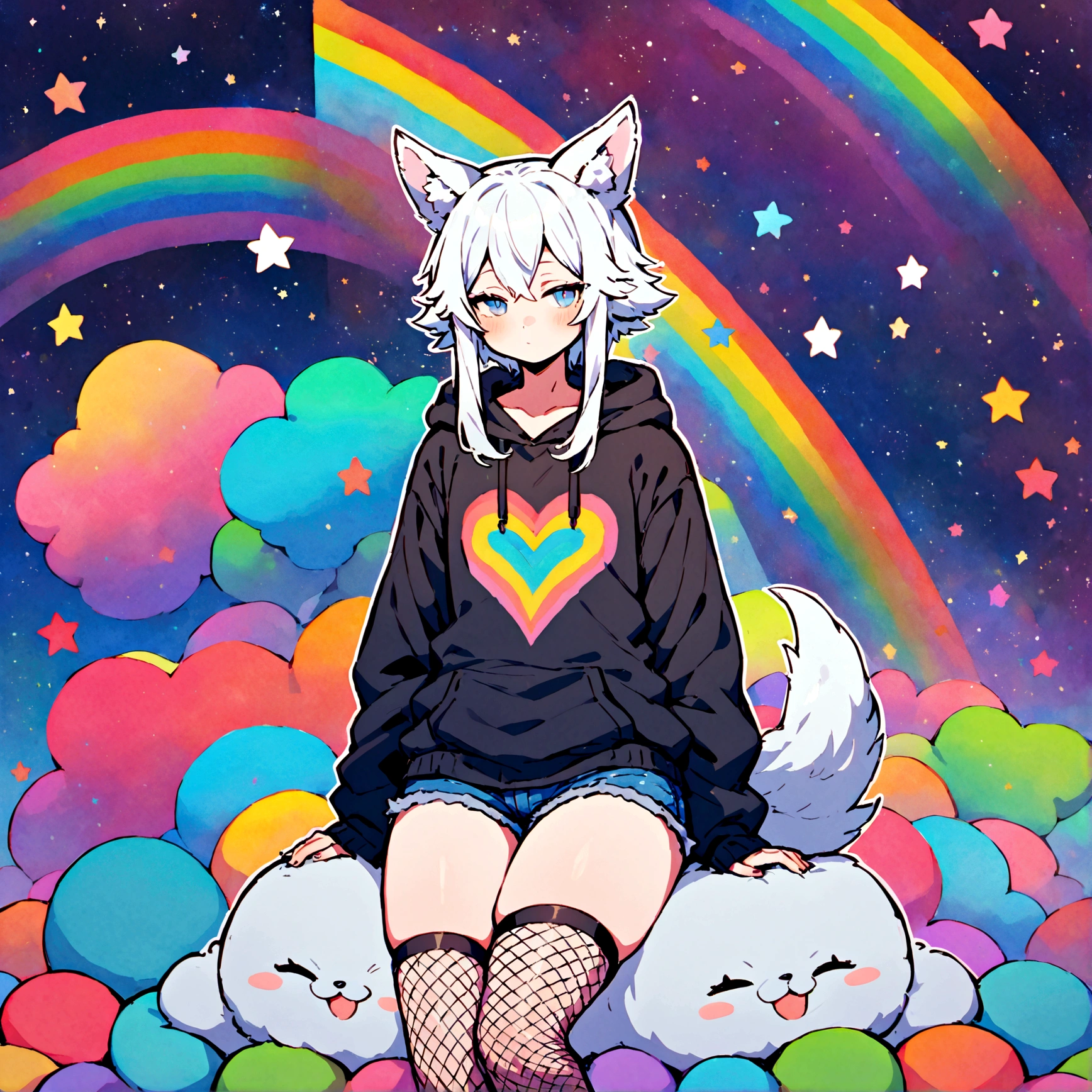 a cute adult male with wolf ears, long white hair, long locks, has a wolf tail, wearing a loose cropped oversized black hoodie, wearing a pair of denim short shorts and fishnet stockings, thick thighs, wide hips, relaxing on mound of fluffy multi colored kawaii plushies, short, very slim, showing slender tummy, heart on hoodie, squishy thighs, has glowing blue eyes. alone, solo (ALONE)(SOLO), surrounded by rainbows, colorful galaxy backround