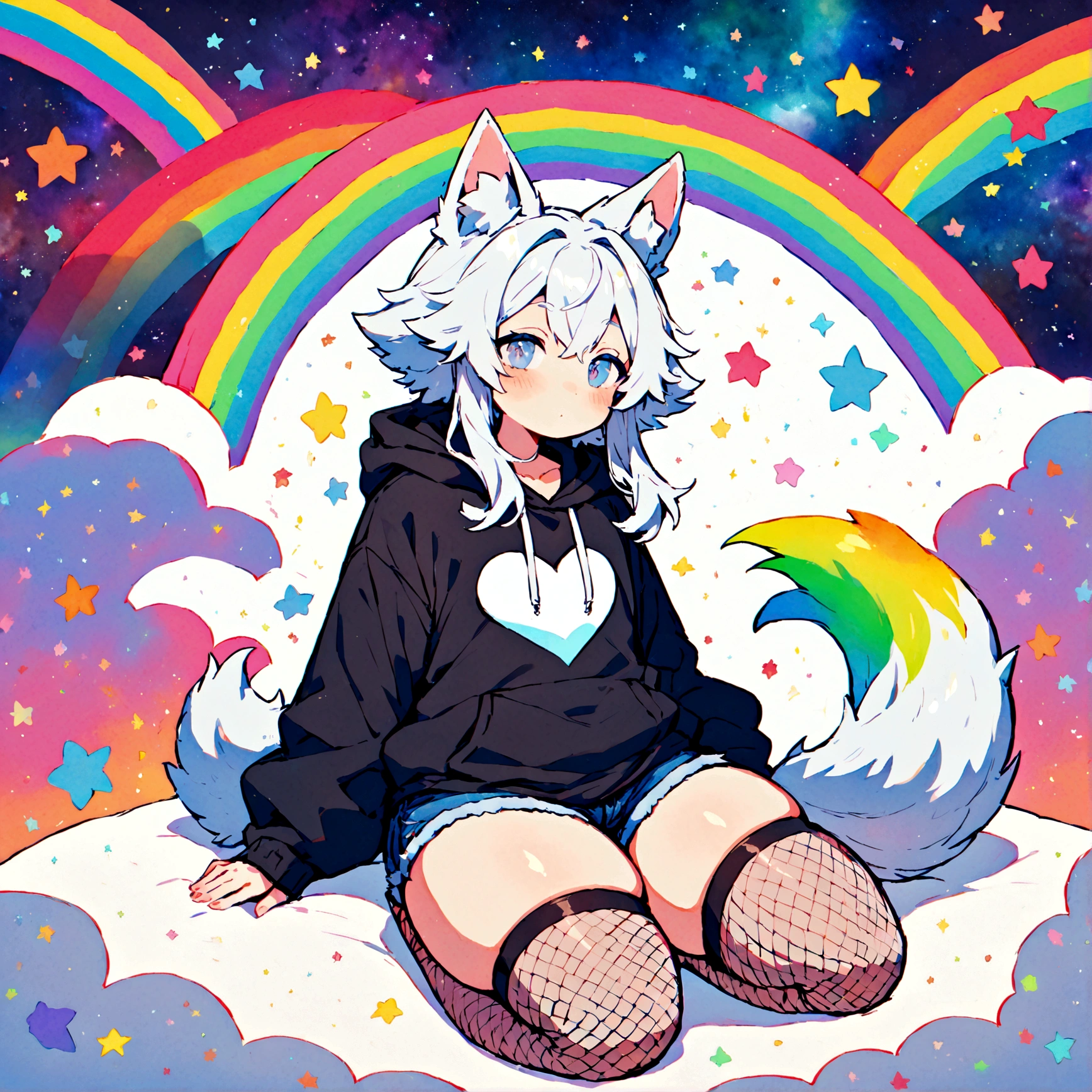 a cute adult male with wolf ears, long white hair, long locks, has a wolf tail, wearing a loose cropped oversized black hoodie, wearing a pair of denim short shorts and fishnet stockings, thick thighs, wide hips, relaxing on mound of fluffy multi colored kawaii plushies, short, very slim, showing slender tummy, heart on hoodie, squishy thighs, has glowing blue eyes. alone, solo (ALONE)(SOLO), surrounded by rainbows, colorful galaxy backround
