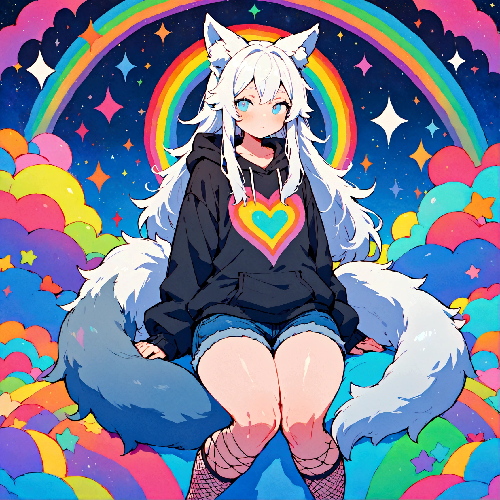 a cute adult male with wolf ears, long white hair, long locks, has a wolf tail, wearing a loose cropped oversized black hoodie, wearing a pair of denim short shorts and fishnet stockings, thick thighs, wide hips, relaxing on mound of fluffy multi colored kawaii plushies, short, very slim, showing slender tummy, heart on hoodie, squishy thighs, has glowing blue eyes. alone, solo (ALONE)(SOLO), surrounded by rainbows, colorful galaxy backround

