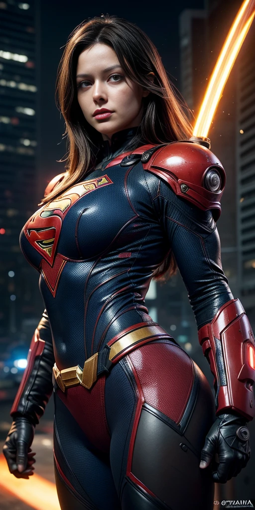 midshot, cel-shading style, centered image, ultra detailed illustration of Erica Durance, (tetradic colors), full body, inkpunk, ink lines, light particles, strong outlines, art by MSchiffer, bold traces, parted lips, Com tight Supergirl modern suit , Cyberpunk, g、pele brilhante, ((Detalhes super realistas))、portlate、global ilumination、sombra、Octane Representation、8k、ultrasharp、Luz de borda de caractere, Seios grandes, big booty、Raw skin is exposed on the neckline、Apocalyptic City of Fire, Detalhes de ornamentos complexos、Transparent acrylic parts cover、Sumer Detailed Hydraulic Cylinders、small LED lamp、Detalhes muito intrincados、Luz realista、um olho purpura、olhos radiantes、in front of camera、Neon details, Cyberpunk ,mais alta qualidade、obra prima、超A high resolution、(fotorrealista:1.4)、Foto RAW