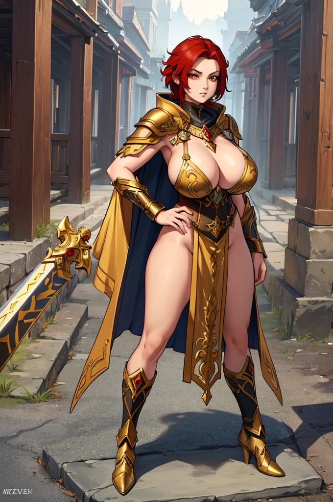 (masterpiece, best quality, high resolution, ((full body standing)), ((huge breasts)) 1 female warrior, full body gold fantasy Nordic warrior costume, fantasy Nordic sword in hands, very short red hair, male hairstyle , red eyes,