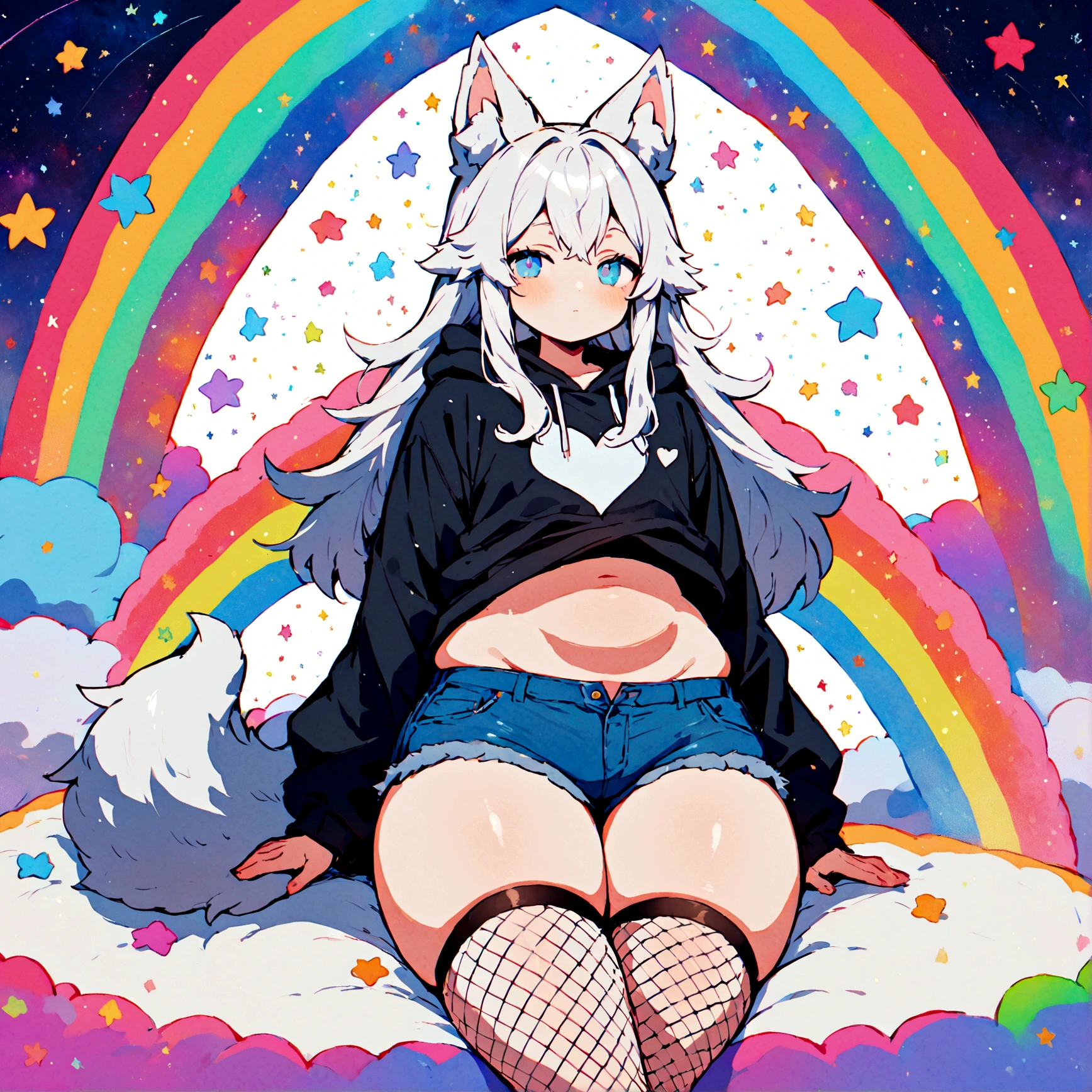 a cute adult male with wolf ears, long white hair, long locks, has a wolf tail, wearing a loose cropped oversized black hoodie, wearing a pair of denim short shorts and fishnet stockings, thick thighs, wide hips, relaxing on mound of fluffy multi colored kawaii plushies, short, very slim, showing slender tummy, heart on hoodie, squishy thighs, has glowing blue eyes. alone, solo (ALONE)(SOLO), surrounded by rainbows, colorful galaxy backround