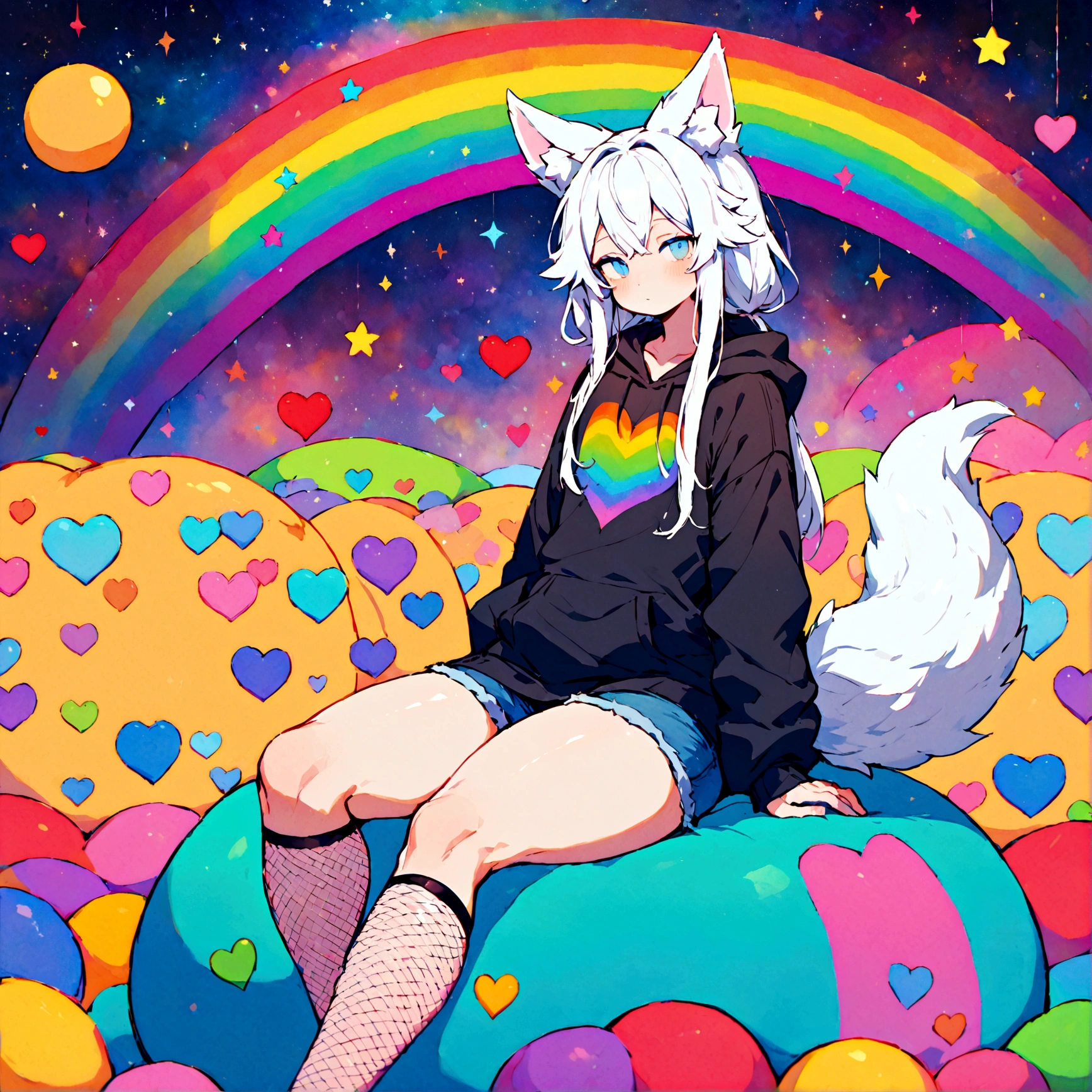 a cute adult male with wolf ears, long white hair, long locks, has a wolf tail, wearing a loose cropped oversized black hoodie, wearing a pair of denim short shorts and fishnet stockings, thick thighs, wide hips, relaxing on mound of fluffy multi colored kawaii plushies, short, very slim, showing slender tummy, heart on hoodie, squishy thighs, has glowing blue eyes. alone, solo (ALONE)(SOLO), surrounded by rainbows, colorful galaxy backround