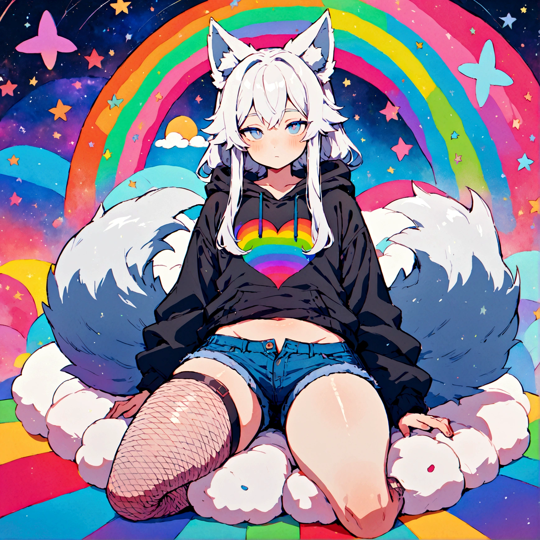 a cute adult male with wolf ears, long white hair, long locks, has a wolf tail, wearing a loose cropped oversized black hoodie, wearing a pair of denim short shorts and fishnet stockings, thick thighs, wide hips, relaxing on mound of fluffy multi colored kawaii plushies, short, very slim, showing slender tummy, heart on hoodie, squishy thighs, has glowing blue eyes. alone, solo (ALONE)(SOLO), surrounded by rainbows, colorful galaxy backround
